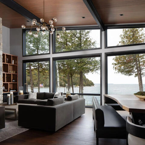 home with waterfront views living room